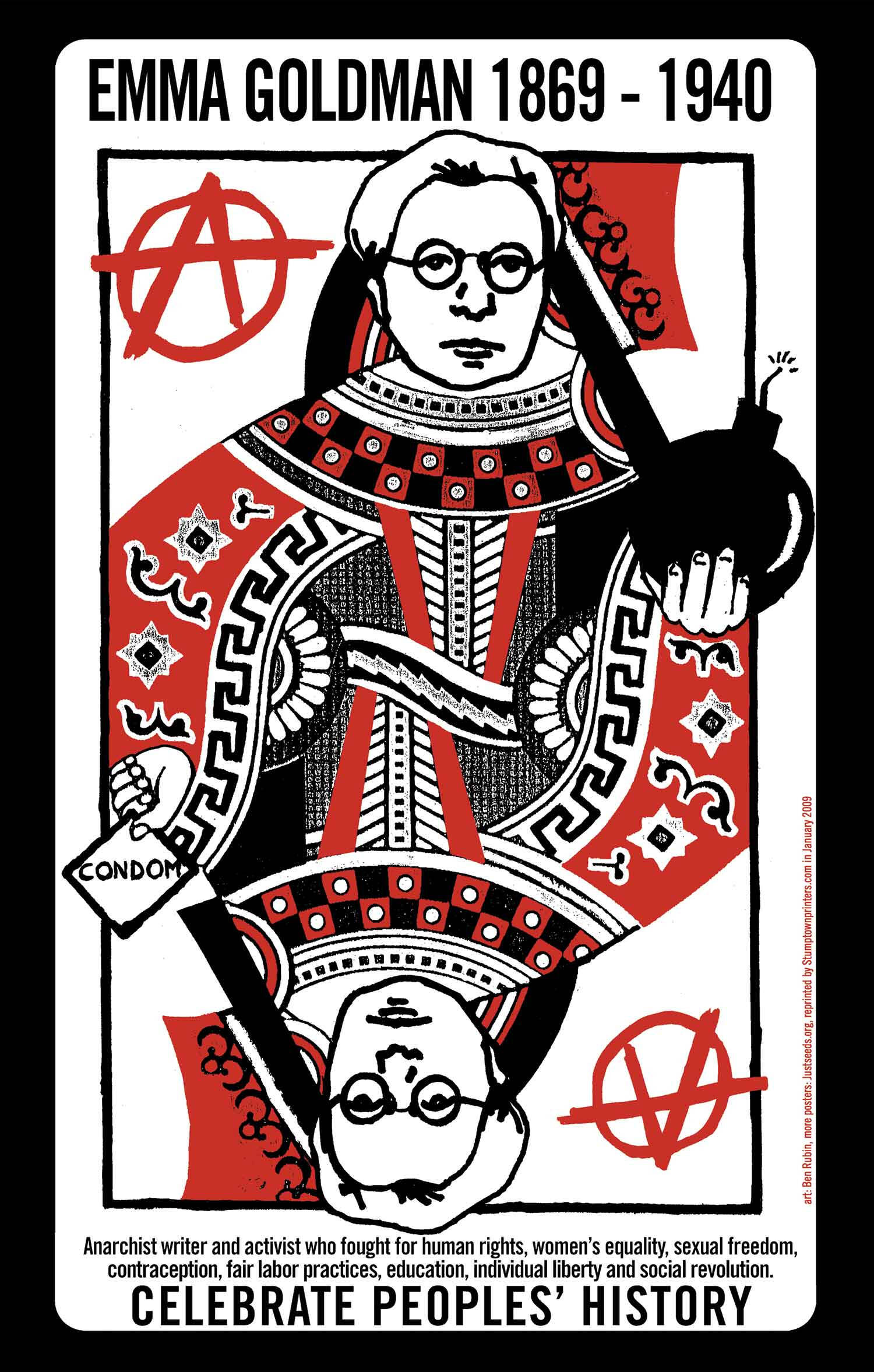 Poster that looks like a playing card with an image of Emma goldman.